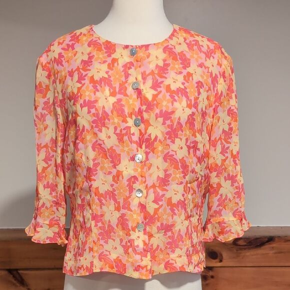 Pink and Orange Flutter Sleeve Ruffled Blouse - Picture 1 of 5